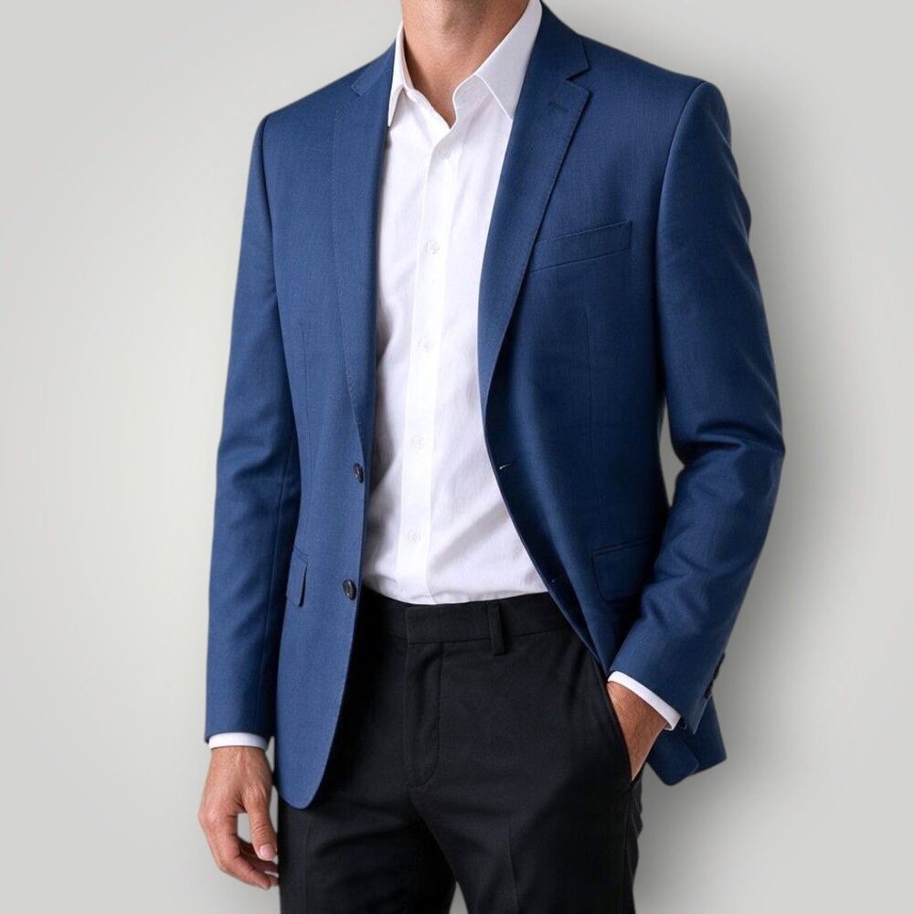 RENOIR Mens Blazer Sport Coat Two Button Jacket 42R Stretch Wool Blue Slim fit